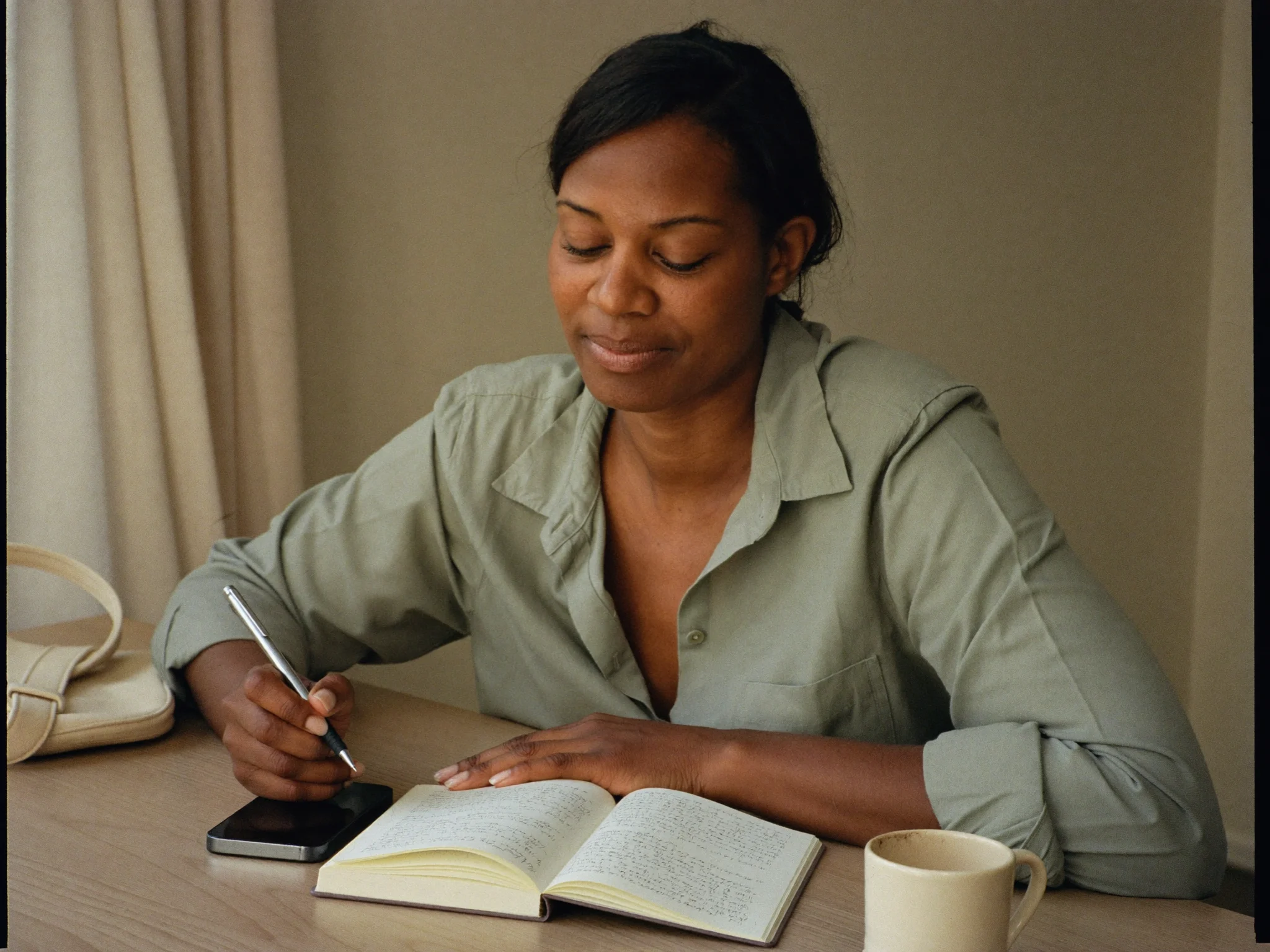 A woman reviewing notes beside her phone before an appointment