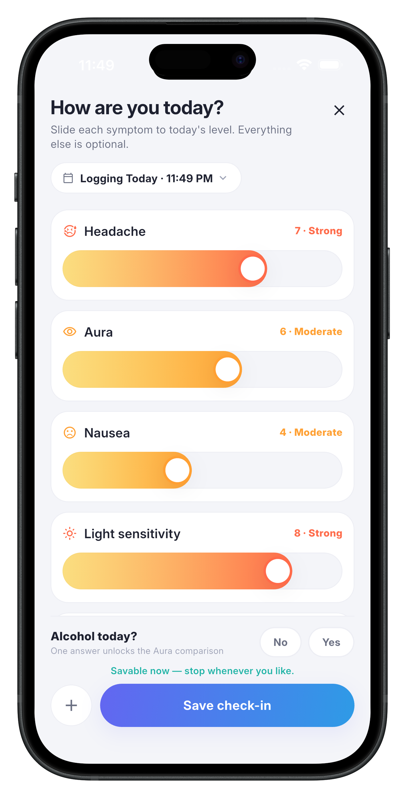 Symloom's symptom check-in screen with severity sliders