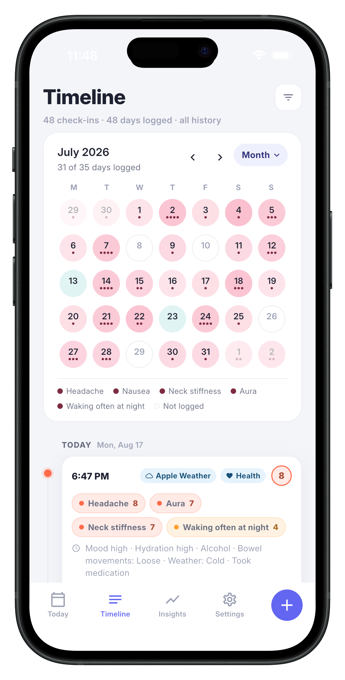 Symloom calendar and check-in history